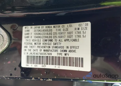 2008 Honda Cr-V Ex-L из США, поврежденный, VIN JHLRE48798C057909